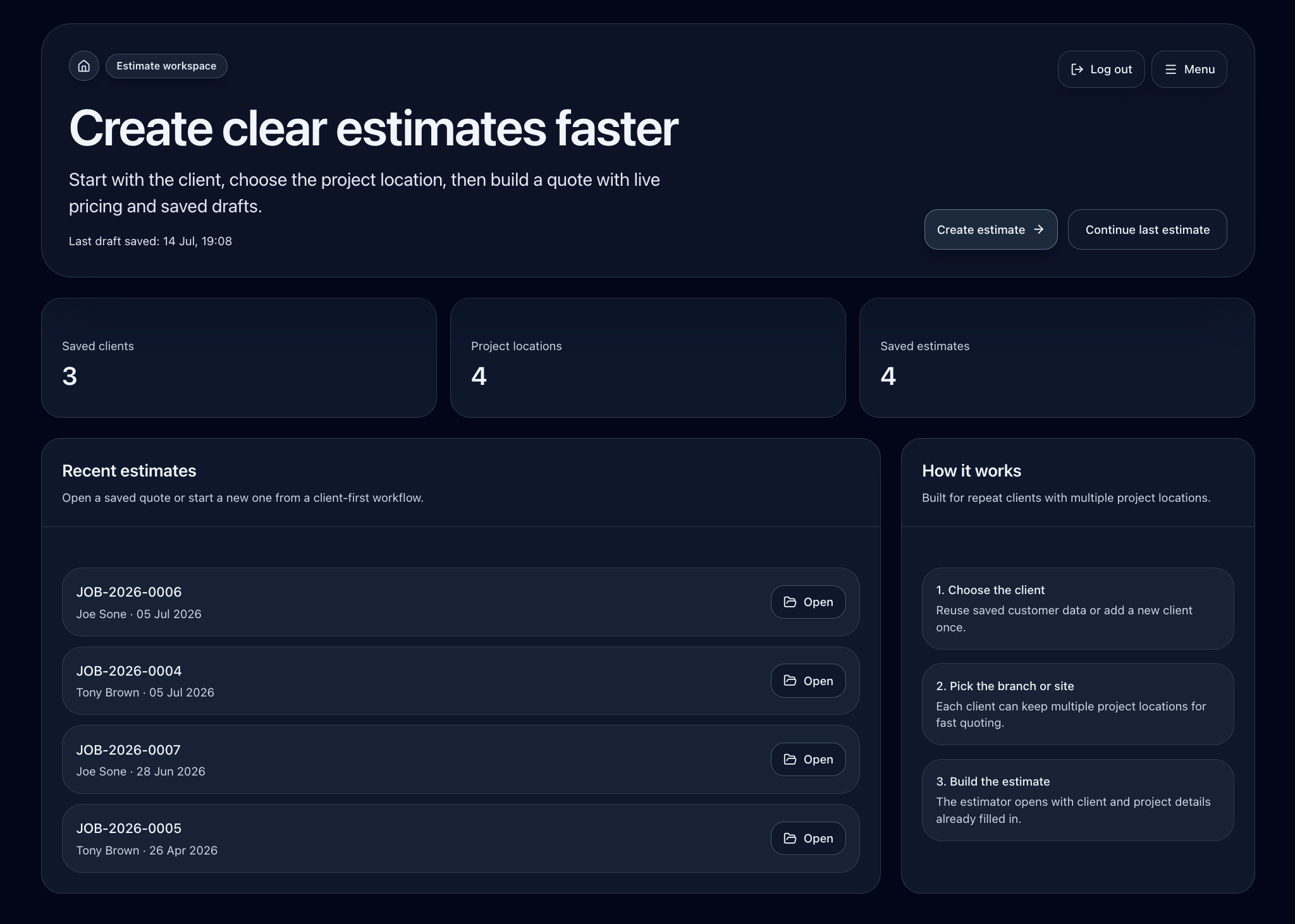 Qotio estimate workspace in dark mode