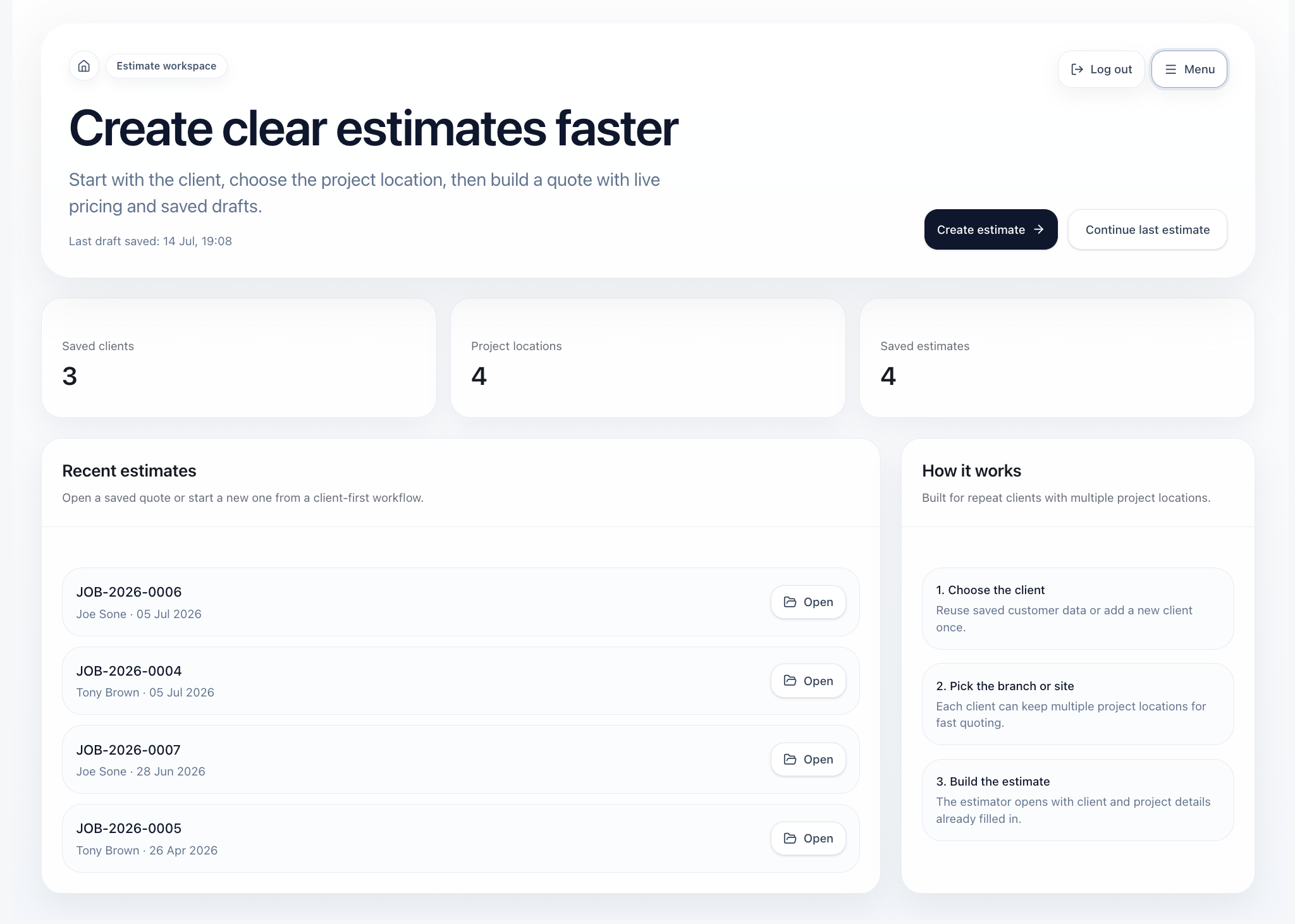 Qotio estimate workspace in light mode